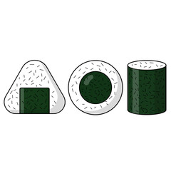 Japanese food illustration set featuring onigiri rice ball and sushi roll. Simple flat vector style suitable for restaurant menu design, food blogs, and Japanese cuisine themes. © KertasKu