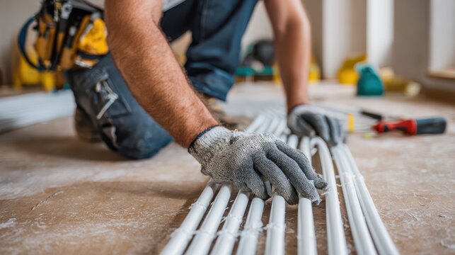 Worker wearing gloves installing white electrical conduit pipes on a floor during building construction or renovation.