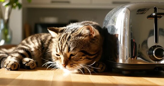 A relaxed striped cat lounging beside a shiny toaster on a wooden kitchen countertop