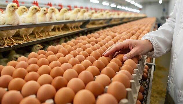 The Harvest of Fresh Eggs: A worker's hand carefully inspects a tray of freshly collected eggs within an industrial poultry farm.