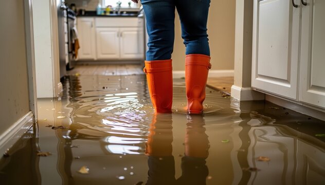 Standing in the Flood: A person in orange boots stands in a flooded house, highlighting the aftermath of a natural disaster and the challenges faced. 