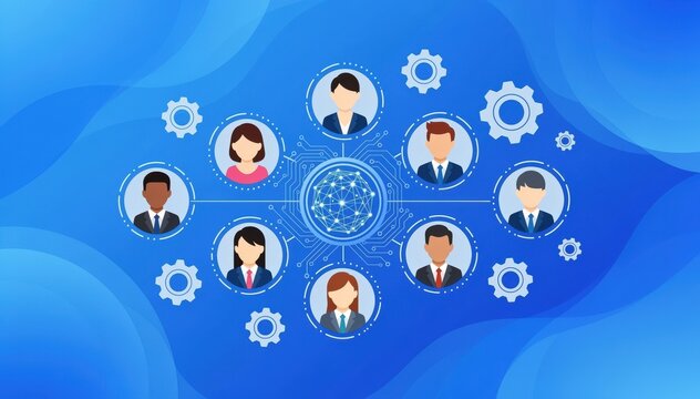 Teamwork and collaboration in business: An illustration featuring a diverse group of professionals connected by a central network, symbolizing teamwork, collaboration, and interconnectedness.