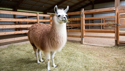 Fototapeta premium Llama in Stable: A majestic llama stands within the rustic embrace of a wooden stable, its fluffy coat a testament to its gentle nature. Observe its serene expression.