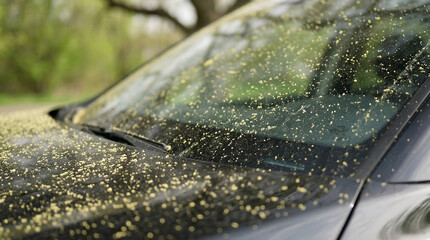 Automobile covered in a thick layer of yellow seasonal pollen, a common allergen, during springtime