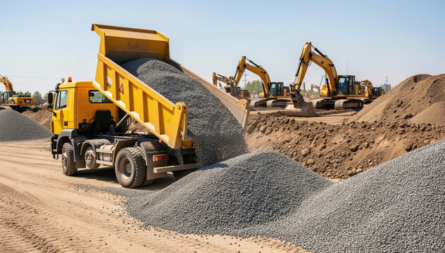 Unloading Gravel at Construction Site: A vibrant shot of a construction site with a yellow dump truck unloading gravel.