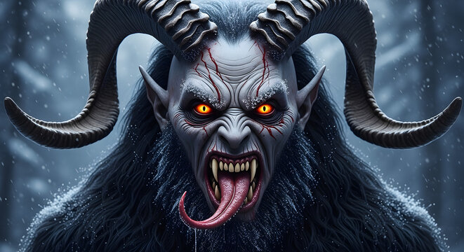 Menacing Krampus monster with large curved horns and glowing orange eyes snarling in a snowy dark winter forest during the night