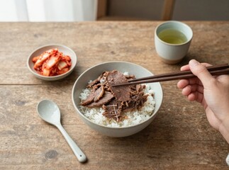 Fototapeta premium Close-up of hand using chopsticks to eat savory beef over rice bowl served with kimchi side dish and green tea on rustic wooden table 