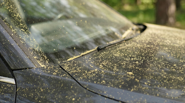 Thick layer of golden yellow pollen coating a dark car windshield and hood, signaling the peak of spring allergy season and environmental dust