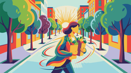 Colorful Woman Walking with Umbrella in City Park.