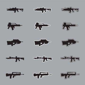 Set of assault rifle silhouette icons with sticker and outline styles, military tactical weapon vectors isolated on gray background.