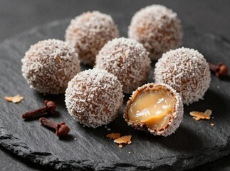 Chocolate truffles covered in coconut flakes with caramel filling and cloves on a dark slate board
