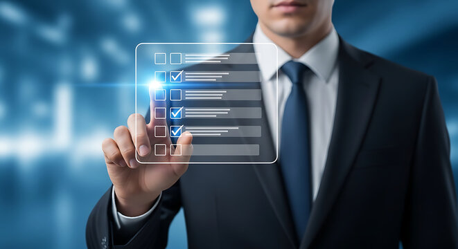 A businessman in a suit interacting with a digital checklist interface