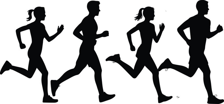Black silhouettes of men and women running and jogging for fitness sports marathon race and healthy lifestyle concepts.