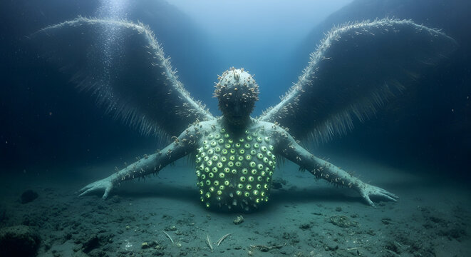 Eerie bioluminescent winged statue resting on the seabed deep underwater with glowing green circular patterns and coral growths in dark ocean.
