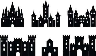 Set of black medieval castle and fortress silhouettes with towers and flags for fantasy gaming and kingdom concepts.