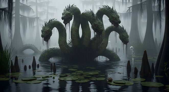 Giant multi-headed hydra monster emerging from a misty swamp bayou with glowing red eyes and dripping slime in a dark fantasy setting.