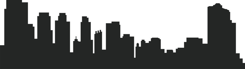 Obraz premium Black silhouette of generic city skyline with tall skyscrapers and urban architecture, isolated on white background, stylized metropolitan horizon illustration for design, architectural projects