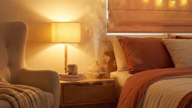 Cozy bedroom scene with aromatherapy diffuser with warm lighting, and and comfort.