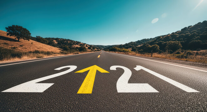 New year 2021. Road with text, yellow arrow on asphalt. Vision for the future, planning, success, goal, concept for next year, direction, travel.