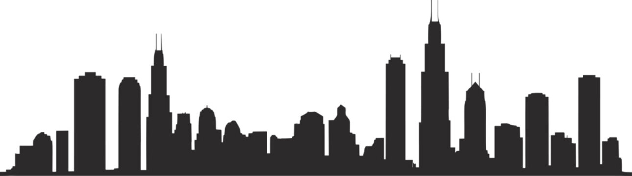 Black silhouette of Chicago city skyline with Willis Tower skyscraper and urban architecture, isolated on white background, iconic metropolitan landmark illustration for design and branding projects