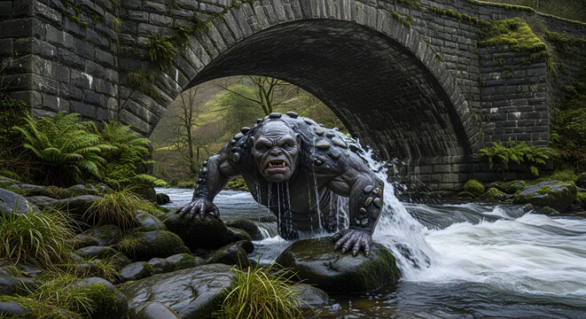 Cinematic depiction of a fearsome mountain troll crawling out of a river beneath a mossy stone bridge in a fantasy forest setting.