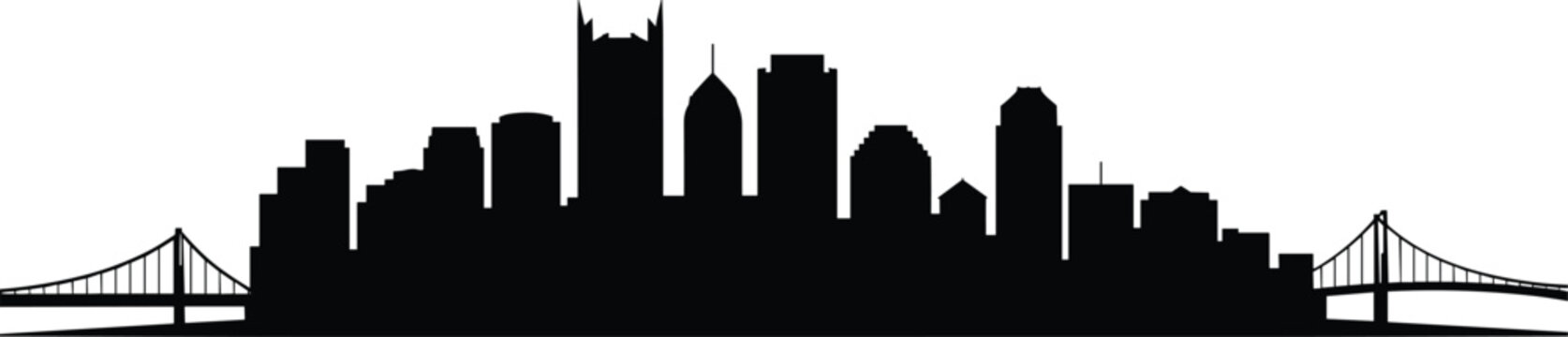 Black silhouette Pittsburgh city skyline with bridges isolated on light background, modern urban cityscape panorama illustration for travel, architecture, landmark, and tourism design