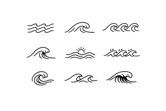Ocean wave line icons set water sea surf nautical symbols minimal outline vector illustration nature marine collection isolated background