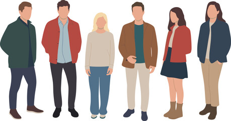 Obraz premium Vector illustration set of diverse people standing together wearing colorful casual seasonal outfits and smart business attire isolated on white background for lifestyle design