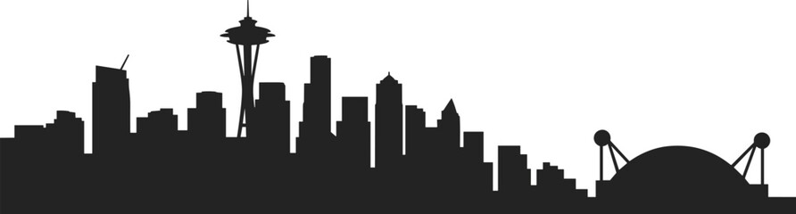 Obraz premium Black silhouette Seattle city skyline with Space Needle and stadium isolated on light background, modern urban cityscape panorama illustration for travel and tourism