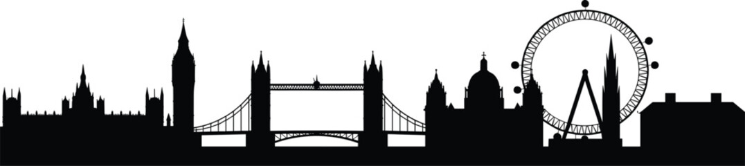 Fototapeta premium London city skyline silhouette with Tower Bridge, Big Ben and London Eye, iconic England landmarks urban cityscape vector illustration isolated on light background