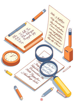 Graphology Tools Illustration. Isometric vector illustration set Graphology Tools: Handwriting sample sheet, magnifying glass over