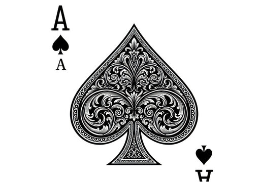 Playing card ace of spades with intricate design and two jokers isolated on transparent background