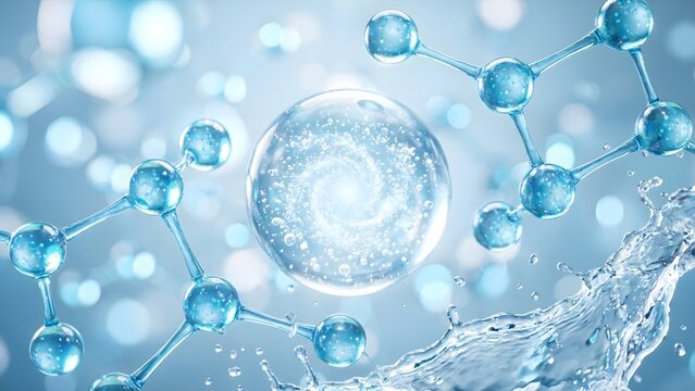 Hyaluronic acid serum for skin care, molecule, and water splash, 3D rendering.