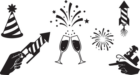 Fototapeta premium New Year's Eve Celebration Icons and Party Symbols Black