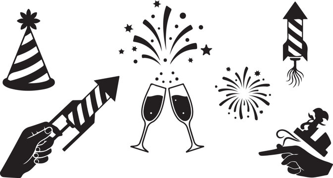 New Year's Eve Celebration Icons and Party Symbols Black
