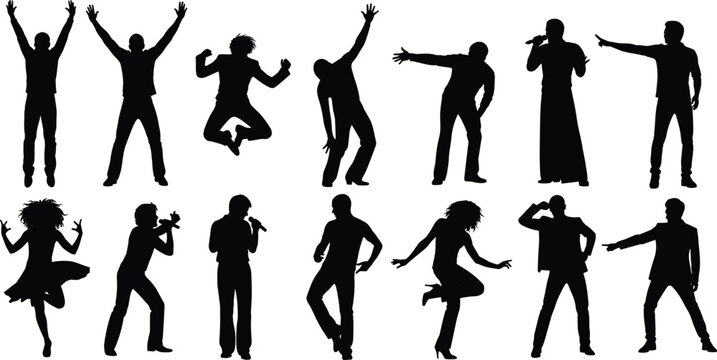 Large set of black silhouettes featuring people dancing jumping singing with microphones and celebrating at a party isolated on white background for entertainment design