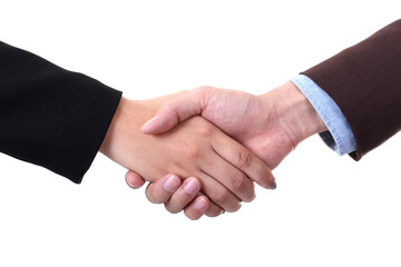 Professional business partners shaking hands and discussing documents in modern office, sealing a successful collaboration deal.
