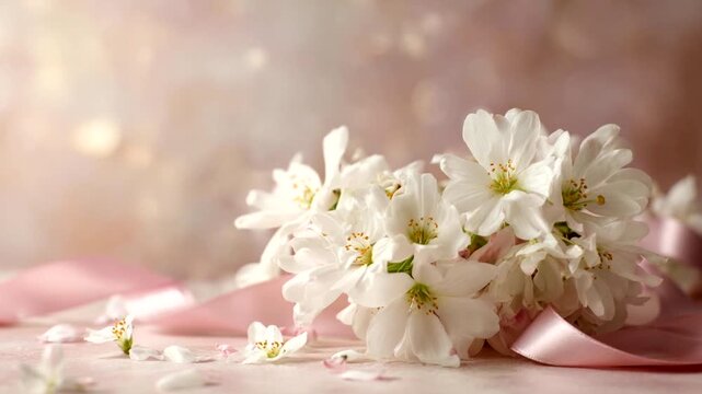 Delicate white flowers with pink ribbon and soft bokeh background.