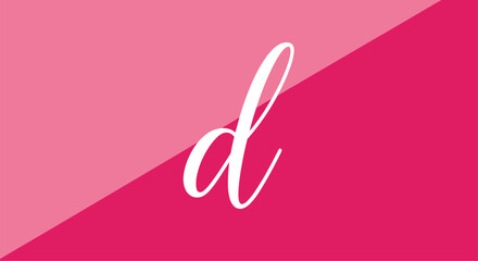 Elegant script lowercase letter d is centered on a background split diagonally into light and dark pink sections.