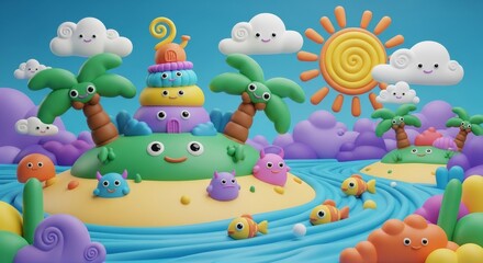 Obraz premium Colorful Cartoon Island Scene with Cute Creatures and Sunny Sky