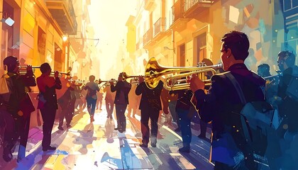 Fototapeta premium A vibrant street scene with musicians playing instruments