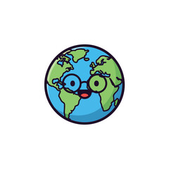 Cute cartoon earth character wearing glasses smiling.