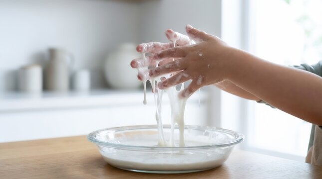 Sensory Play concept. Child hands playing with white oobleck non-newtonian fluid dripping into a glass bowl
