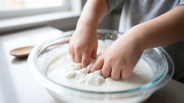 Close up of child hands pressing into white oobleck for sensory play and science experiment