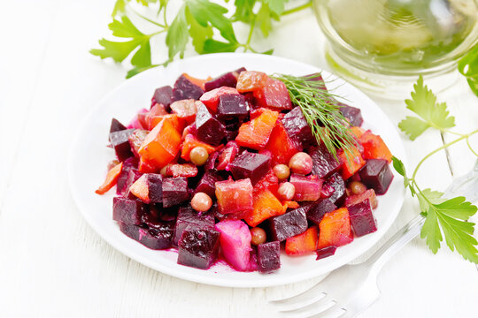 Salad of beetroot and pea on board