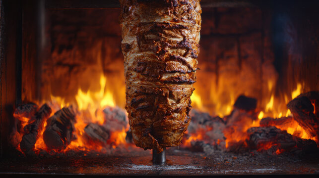 Shawarma meat roasting on vertical rotisserie over fire