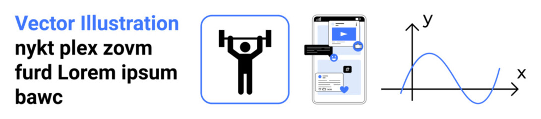 Fototapeta premium Fitness tracking, app development, virtual workout, user interface design, technology innovation, data analysis. Weightlifting icon, smartphone interface graph. Fitness tracking and app development