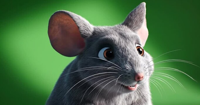 A cute, animated gray chinchilla with large ears poses against a vibrant green background