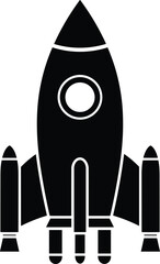 Black and white rocket ship silhouette with pointed nose cone, circular window, boosters, simple iconic design symbolizing space exploration, technology, adventure, launch, futuristic innovation