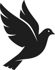 Fototapeta premium Black dove silhouette in flight with wings spread wide, symbolizing peace, freedom, hope, spirituality, and cultural icon in minimal vector illustration design artwork